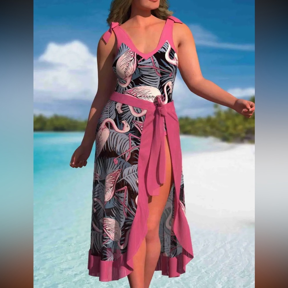 NEW Swimsuit with sarong, flamingo print #SW-SAR-0088